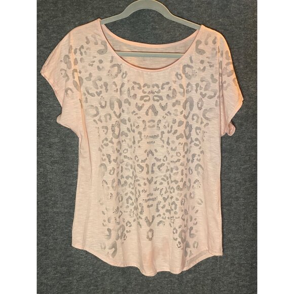 APT 9 Pink Top Gray Leopard Print Silver Stud SS Women L Flowy Bottom - Picture 2 of 6